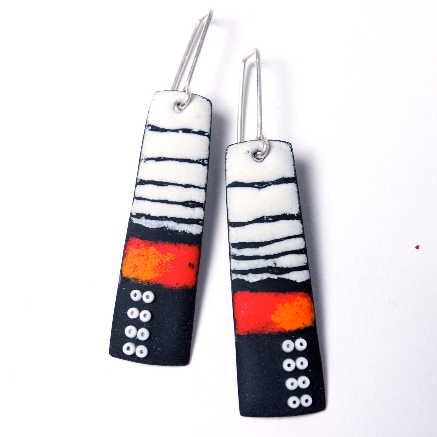 Long Sgraffito Enameled Earrings in Red/Orange