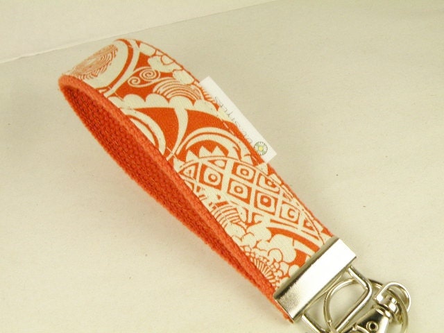 Key Fob Key Chain Wristlet  Orange and Cream Paisley