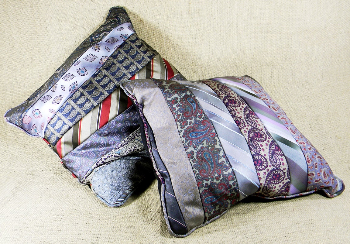 Recycled Silk Tie - Pair Of Gray Throw Pillows - Reclaim2Fame
