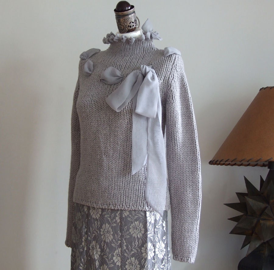 Gray chunky sweater soft warm and cozy hand knitted turtleneck with chiffon ribbon and bow