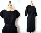 50s cocktail dress / 1950s black cocktail dress and jacket / black silk faille dress / silk faille cocktail dress/ Atropos dress