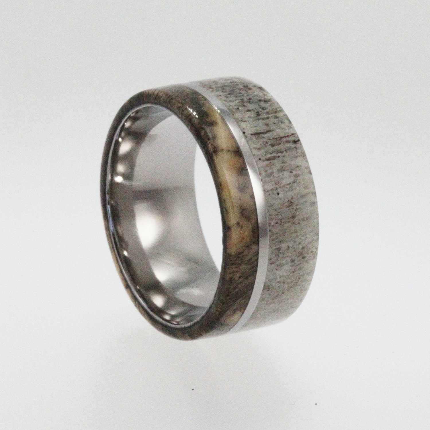 Mens Wedding Band / Titanium ring inlaid with Buckeye Burl Wood and Deer Antler