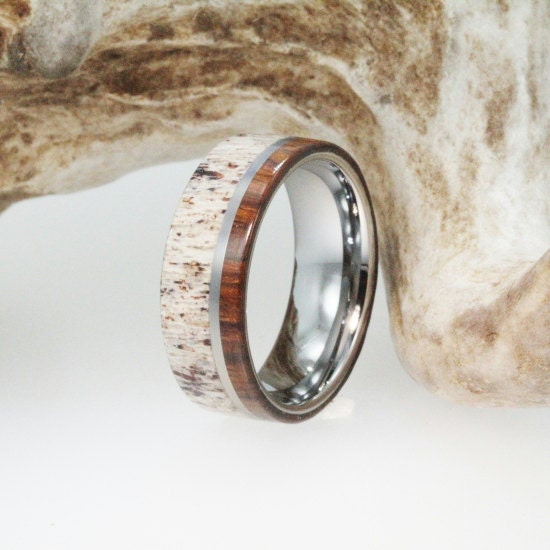 Mens Wedding Band - Titanium Ring Inlaid with Ironwood and Deer Antler ...