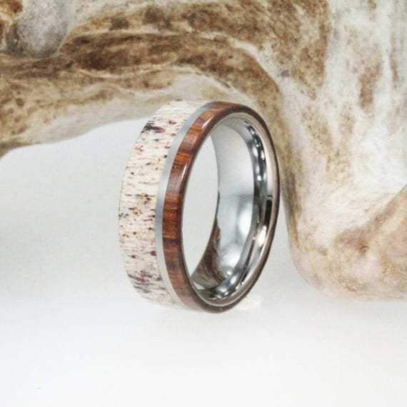 Mens Wedding Band - Titanium Ring Inlaid with Ironwood and Deer Antler ... Mens Wedding Band - Titanium Ring Inlaid with Ironwood and Deer Antler ...