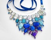Sophisticated Dark Purple, Royal Blue and Crystal AB Rhinestone Bib Statement Necklace, Cocktail Party Fashion Jewelry