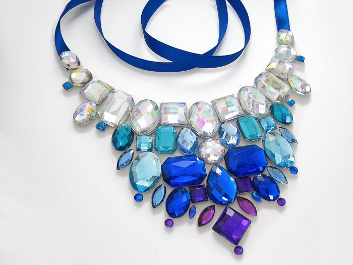 Sophisticated Dark Purple, Royal Blue and Crystal AB Rhinestone Bib Statement Necklace, Cocktail Party Fashion Jewelry