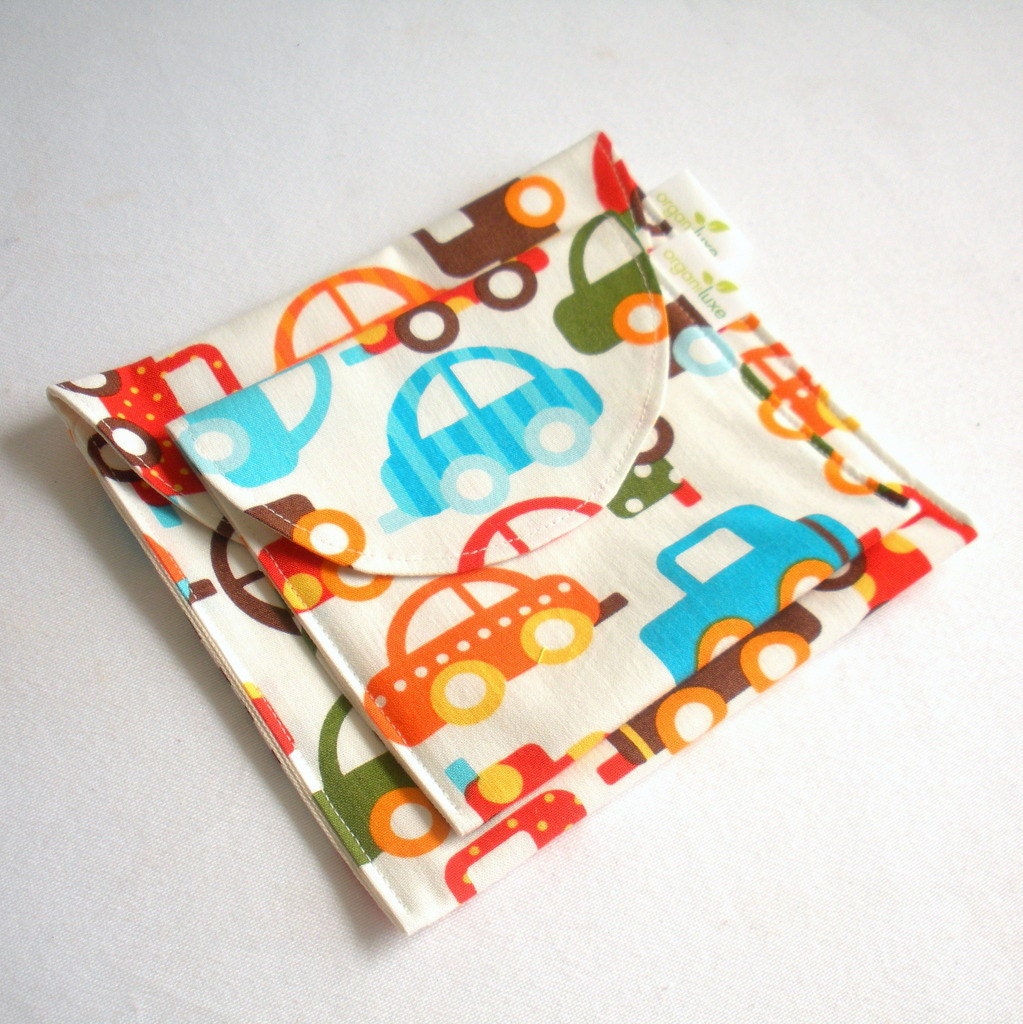 Organic Sandwich and Snack Bags, Reusable, Eco Friendly - Cars - Set of 2 - Back to School