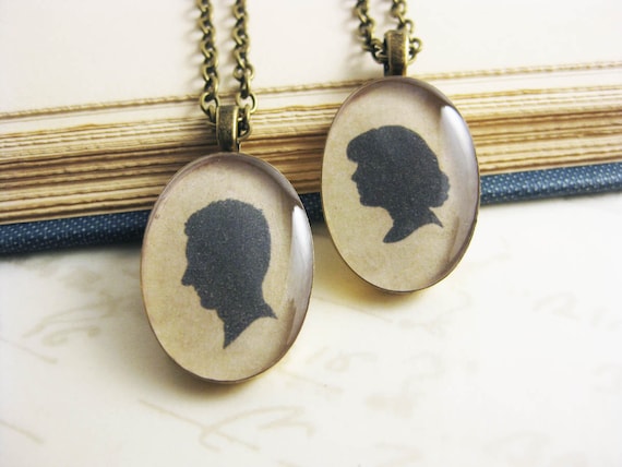 Set of Antique Inspired Silhouette Portrait Pendants - brass finish w/ 19" chains