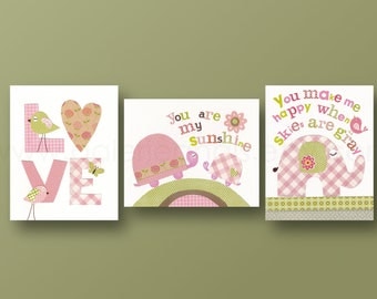 Nursery art prints, baby nursery decor, kids art, children art, turtle, love, bird, elephant, you are my sunshine, Set of 3, 8x10 prints