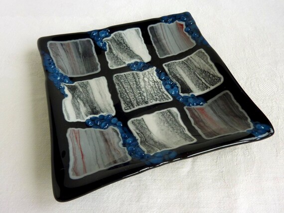 Fused Glass Art Plate in Shades of Black and Gray