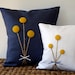 RESERVED - Yellow Billy Ball Flower Pillow in Navy Blue Linen by JillianReneDecor Billy Button Craspedia Bouquet Botanical Home Decor