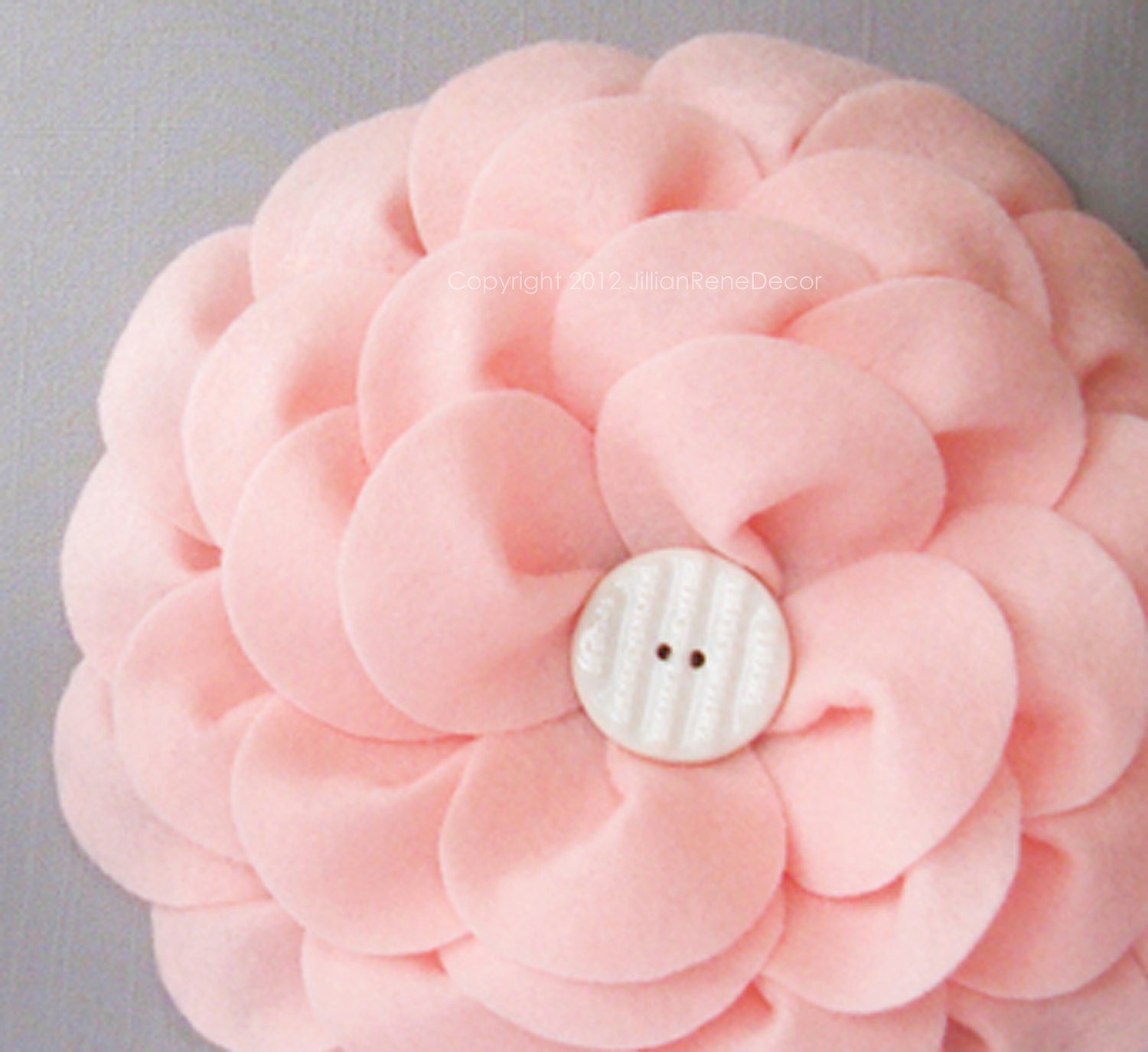 Pastel Pink Felt Flower 16" DECORATIVE PILLOW Gray Linen White Button by JillianReneDecor Nursery Decor Floral Baby Shower Gift Pastel