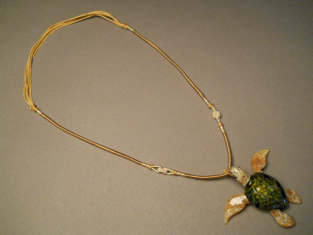 Tide pool Series Green Glass SeaTurtle pendant  with tan adjustable  choker