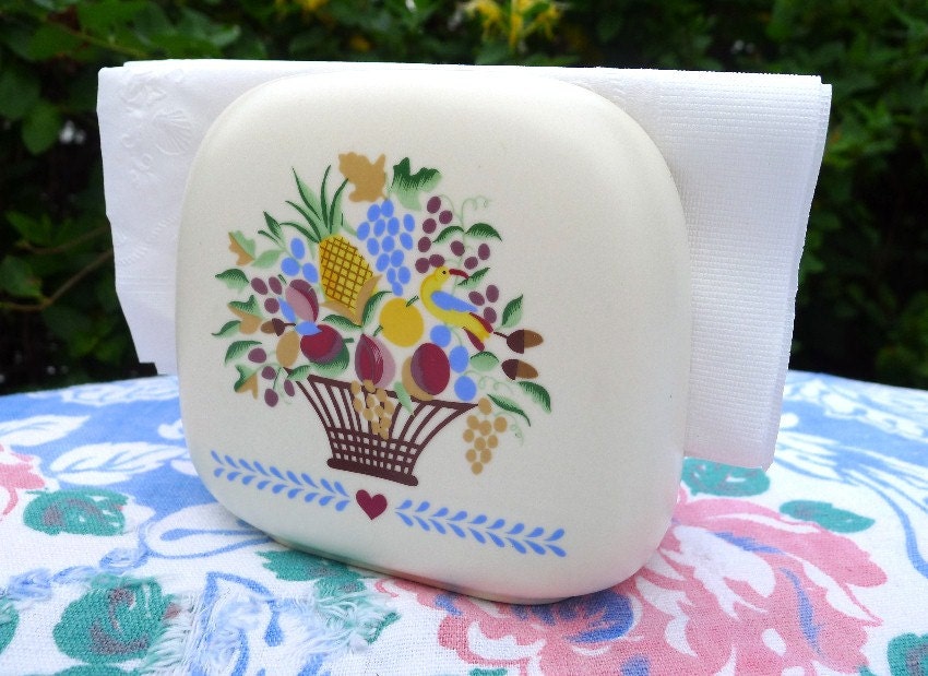 Vintage Napkin Holder Homespun Fruit Bird for Kitchen Table Country Cottage Farmhouse Decor