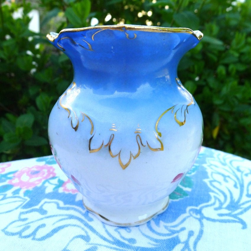 Vintage Blue Vase Cottage Chic Pink Flowers Mellor & Co. Etruria Works Cook Pottery American Pottery - SALE Was 23.00 Now 18.00 Today Only