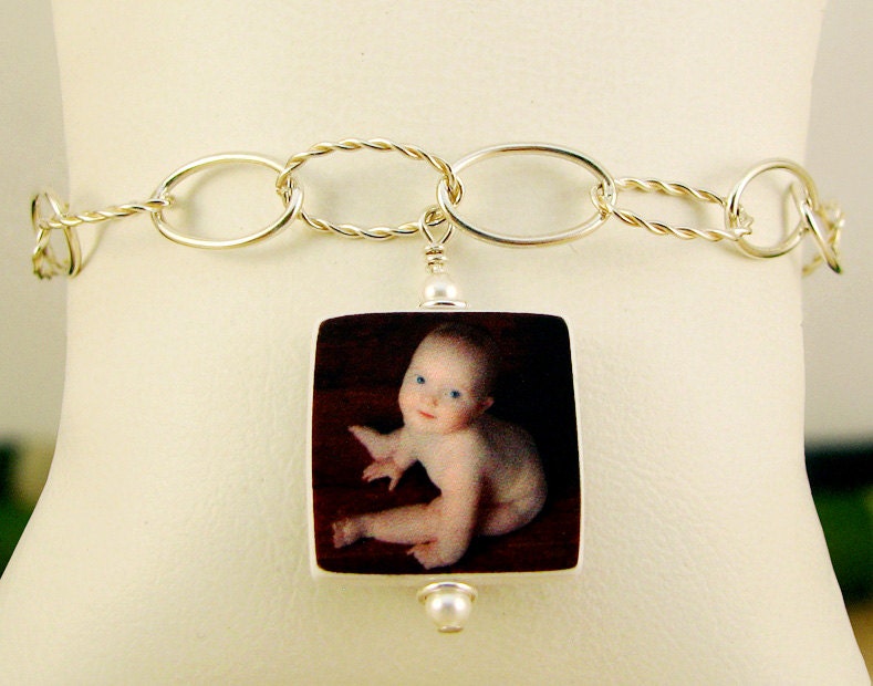 B17 - Photo Charm Bracelet - Sterling Silver links hold a Small, two-sided Charm - Handmade Photo Jewelry