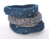 Knitted, Felted and Beaded Deep Sea Blue Teal and Gray Bangle Bracelets -- Don't go wacko - AmyDidIt