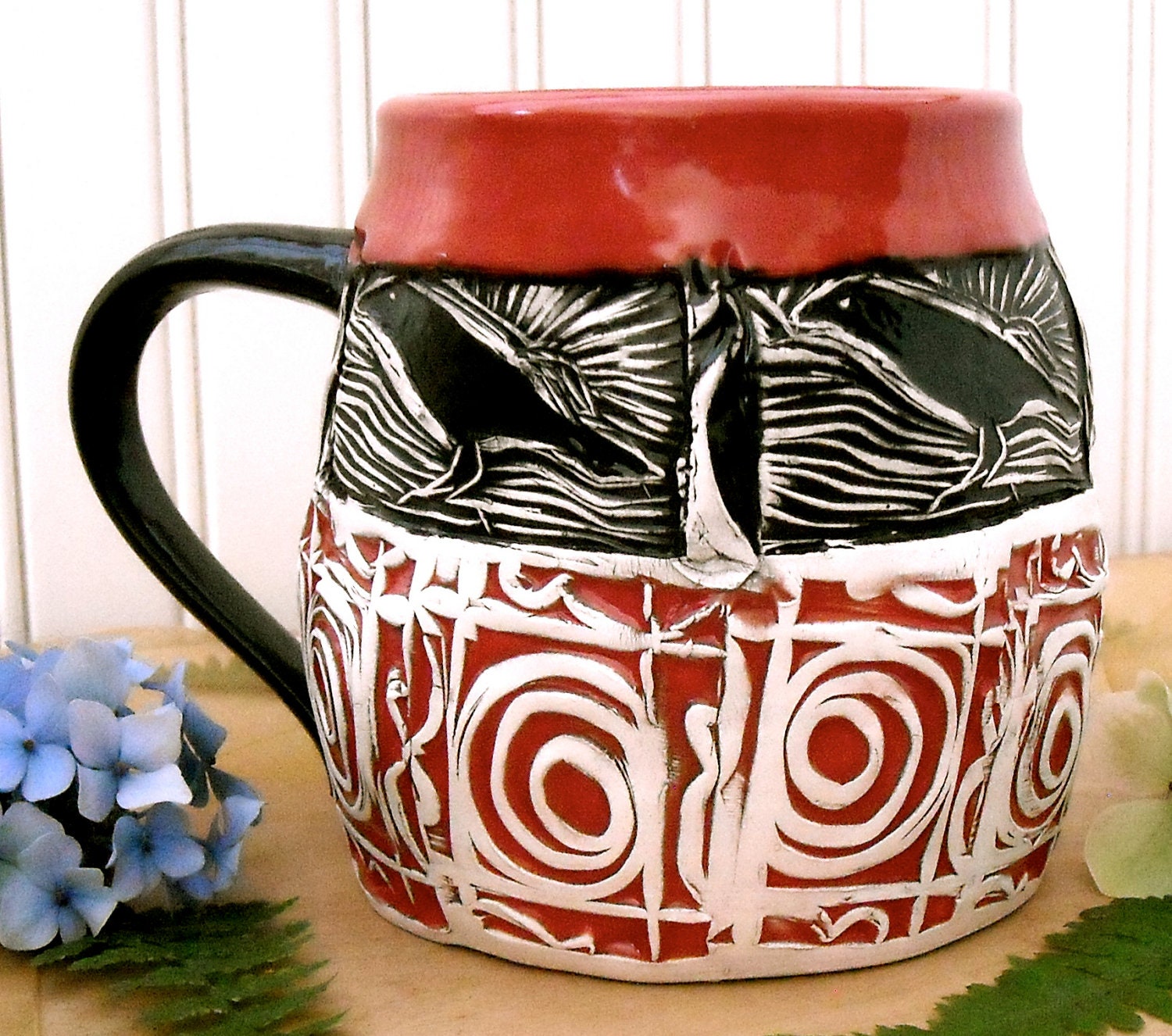 Large Pottery Tribal Raven Coffee Mug - HandMade Red, White & Black Crow Bird Wheel Thrown Ceramic Tea Cup - Stamped Linocut Corvid Art