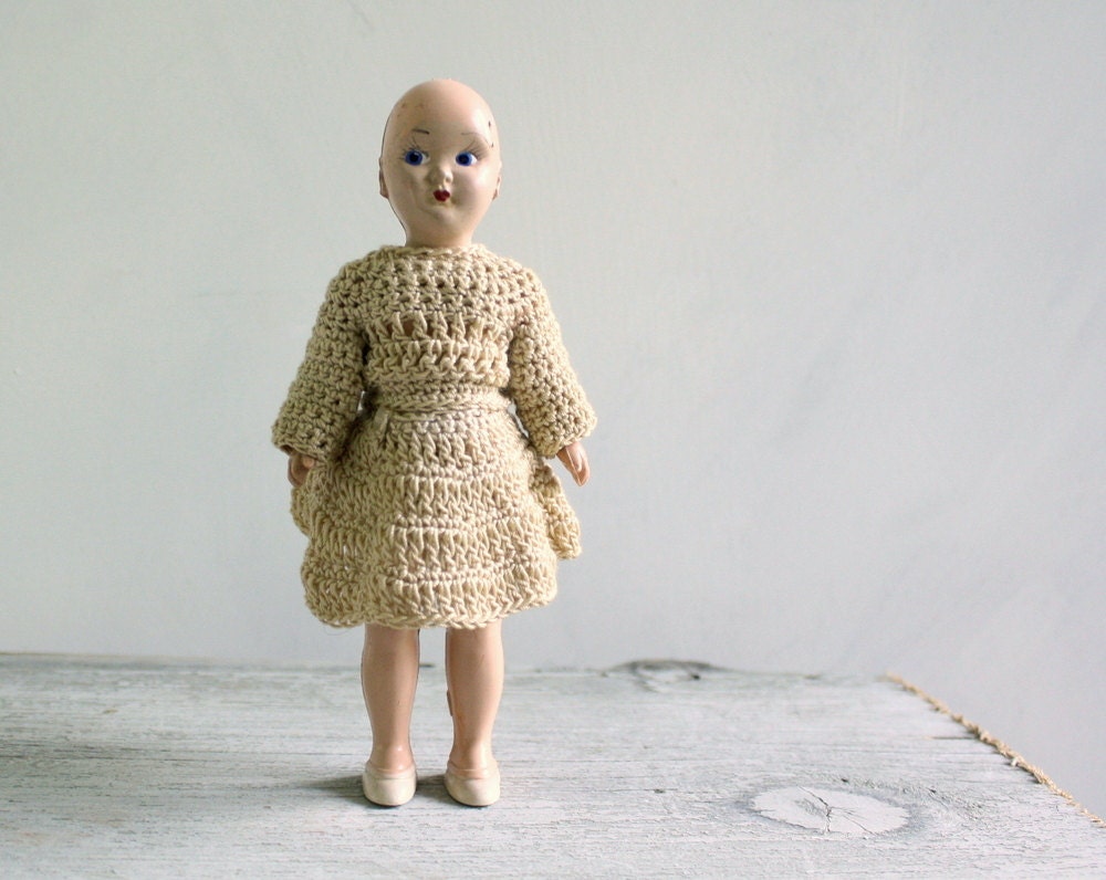 Vintage Bald Doll with Handmade Crocheted Outfit - shavingkitsuppplies