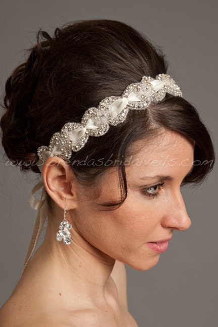 Crystal Rhinestone Headband with Smocked Satin Ribbon, Bridal Headband - Lexi
