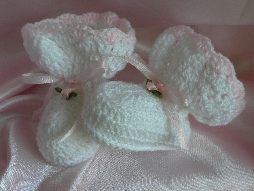 White Crocheted Baby Booties with Pink Trim and Ribbon Rose for Baby Girl