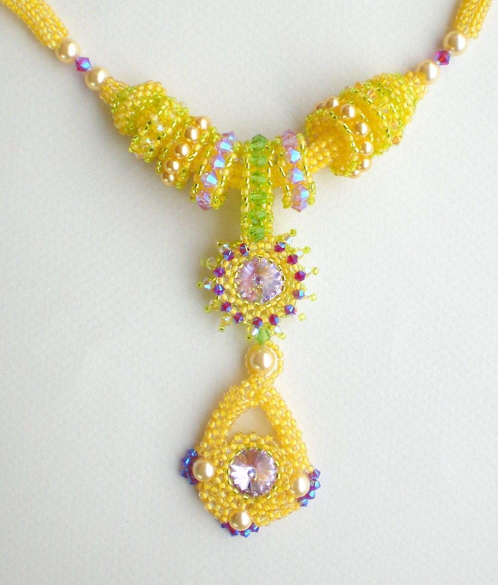 Rivoli Crystal Beadwoven Necklace Yellow Purple Unique Beaded Beadwork Beadweaving Jewelry August Sun