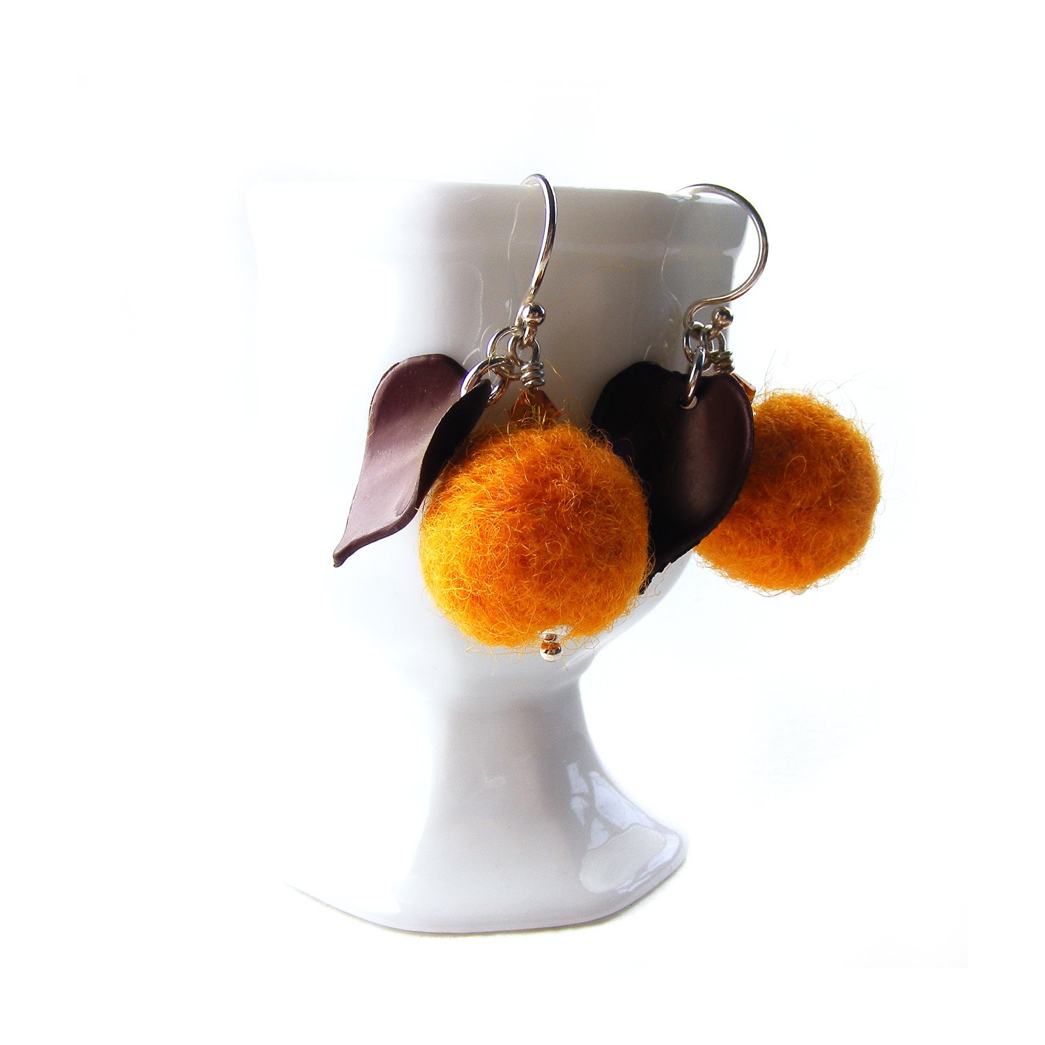 Orange Felt Ball Earrings, Handmade Autumn Orange & Sterling Silver Earrings, Harvest Fall, Brown Leaf Earrings