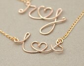 gold monogram necklace. gold initials and heart. two personalized initials. tiny heart. love letter. gold filled wire NECKLACE.