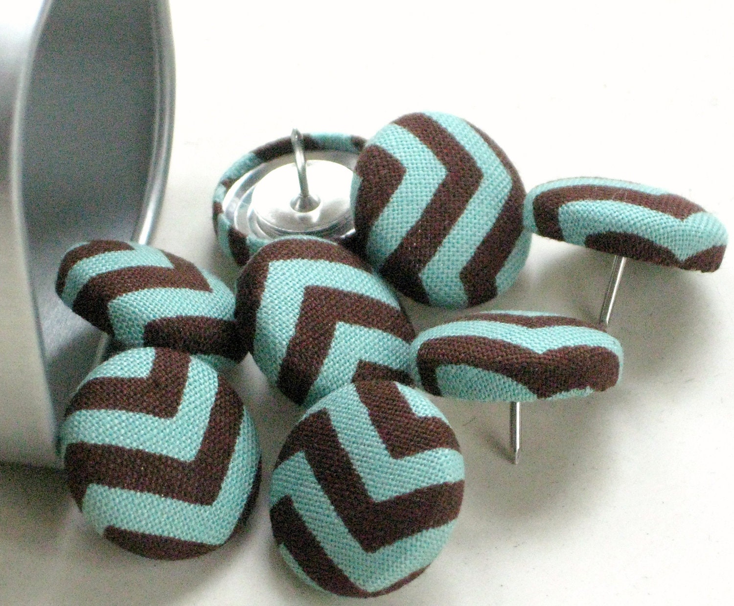Chevron in Aqua & Brown...Tack Pack of 8. Fabric Push Pins. Gift Tin