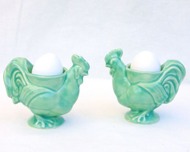Pair of Rooster Egg Cups in Stoneware with Mint Green Glaze