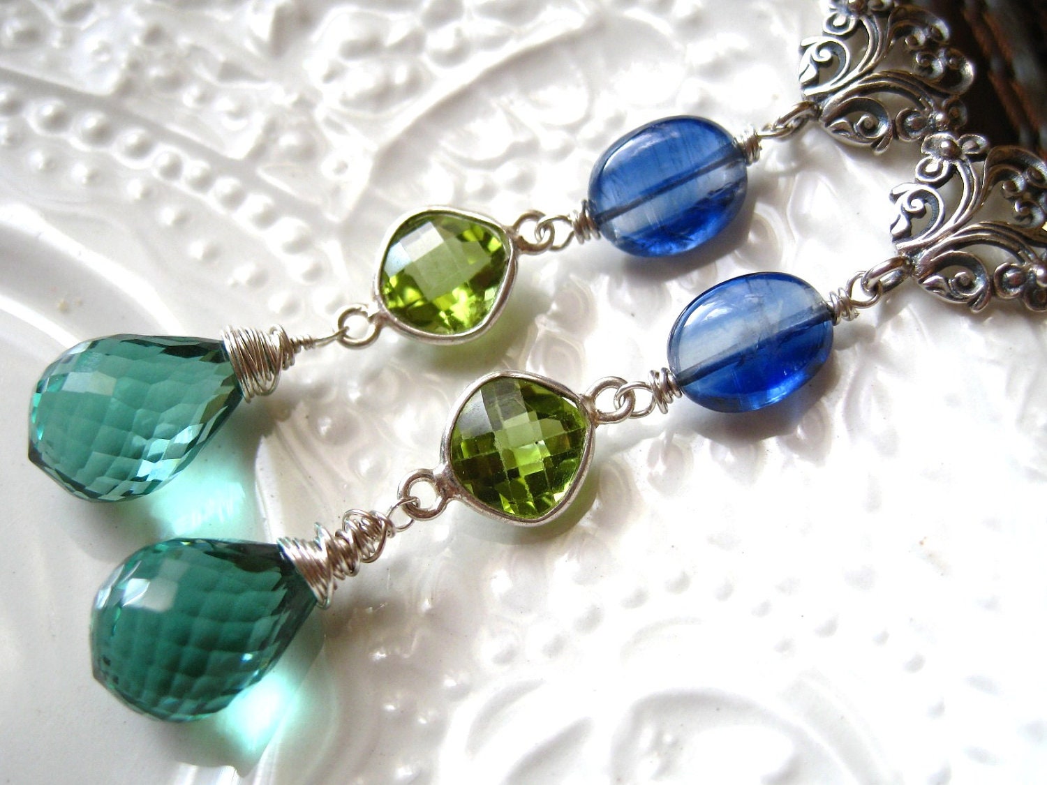 Green Amethyst, Kyanite, Peridot Linear Earrings-Bora Bora II
