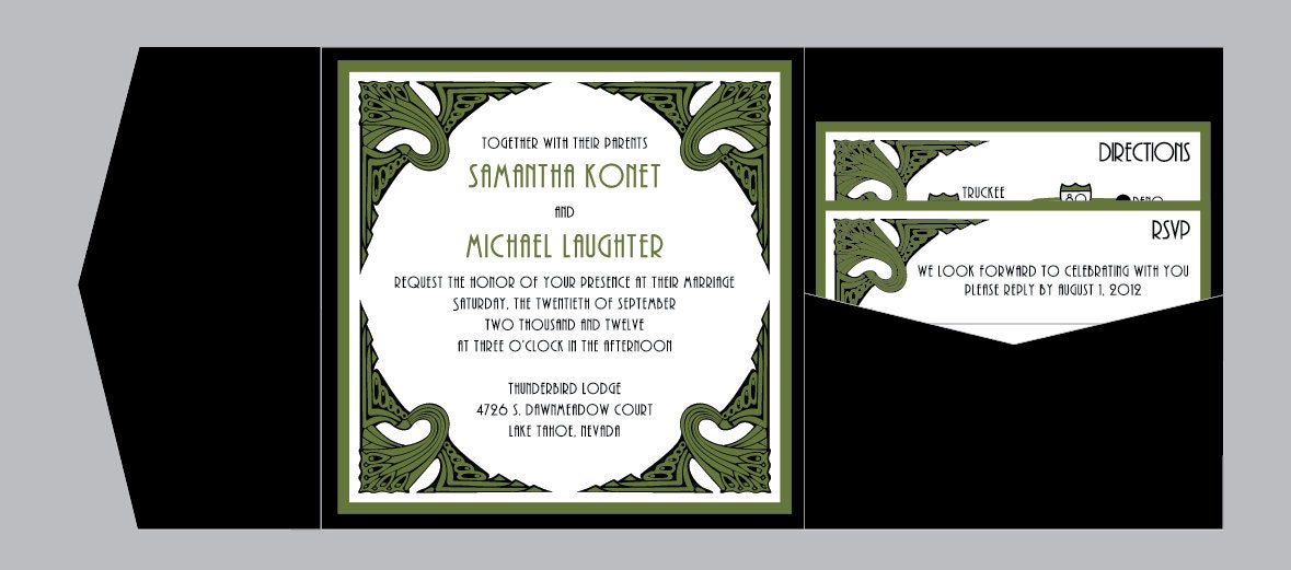 Vintage - Art Deco Antique Layered Square Pocketfold Wedding Invitation with address labels