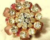 Cocktail Ring Adjustable Vintage Flower Ring  Bright Pink and Crystal Rhinestones