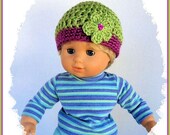 Made For Bitty Baby or Twin Dolls, Crochet Flower Hat, Pistachio Green Rose Violet, 15 Inch Doll Clothes