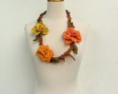 Felted Flower  Necklace LONG  Golden Yellow, Mustard and Orange and Rust