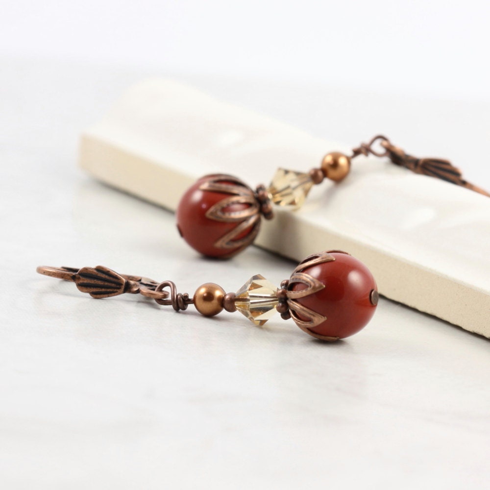 Gemstone Earrings Deep Red Jasper Topaz Swarovski Crystal Copper Ear Wires