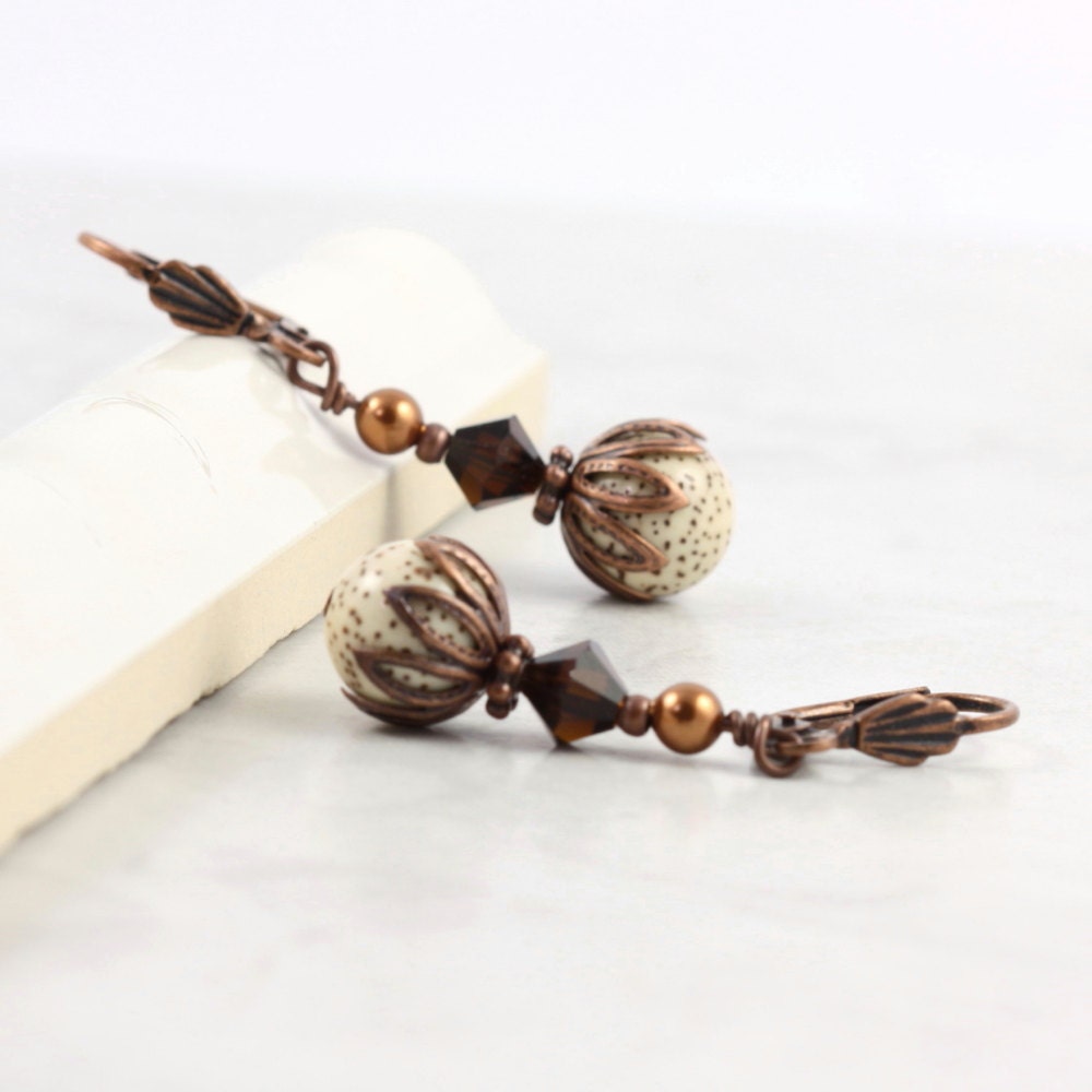 Brown Earrings Mocha Latte Crystal Cream Buri Bead Copper Ear Wires