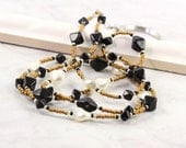Gold Black ID Badge Lanyard Art Deco Style Cream Pearl Beaded Office Fashion Fall Accessories Work Key Chain