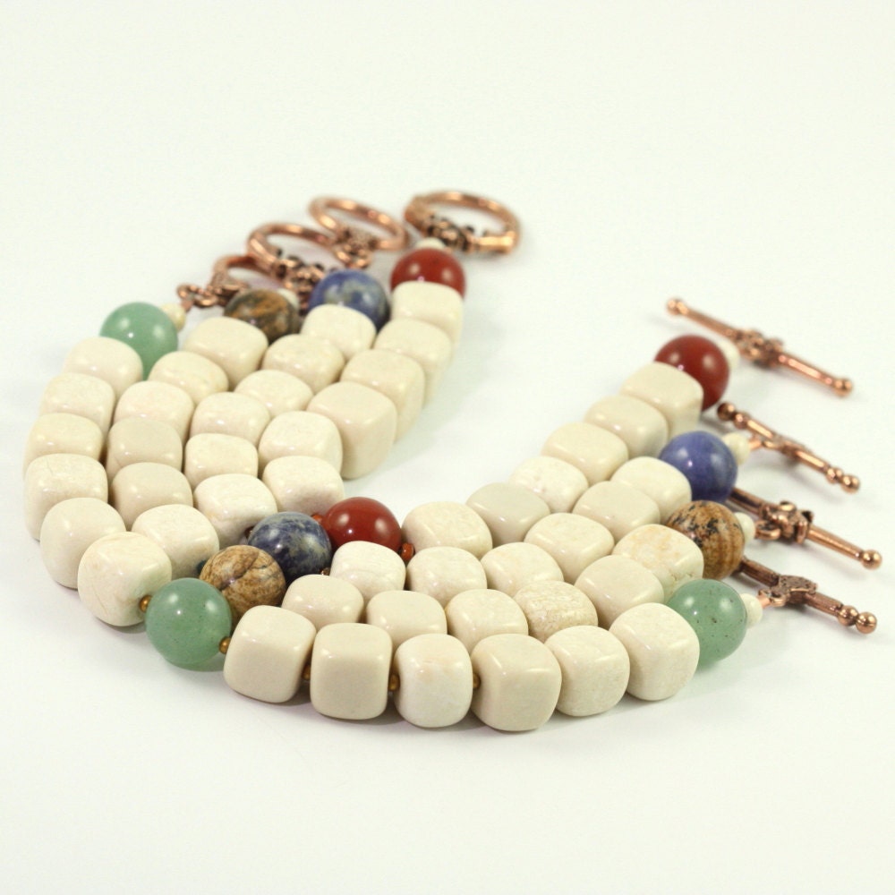 Blue Cream Fall Earth Tones Boho Bracelet Denim Sodalite Gemstone Rustic Woodland Fashion Beige Jewelry Copper Clasp