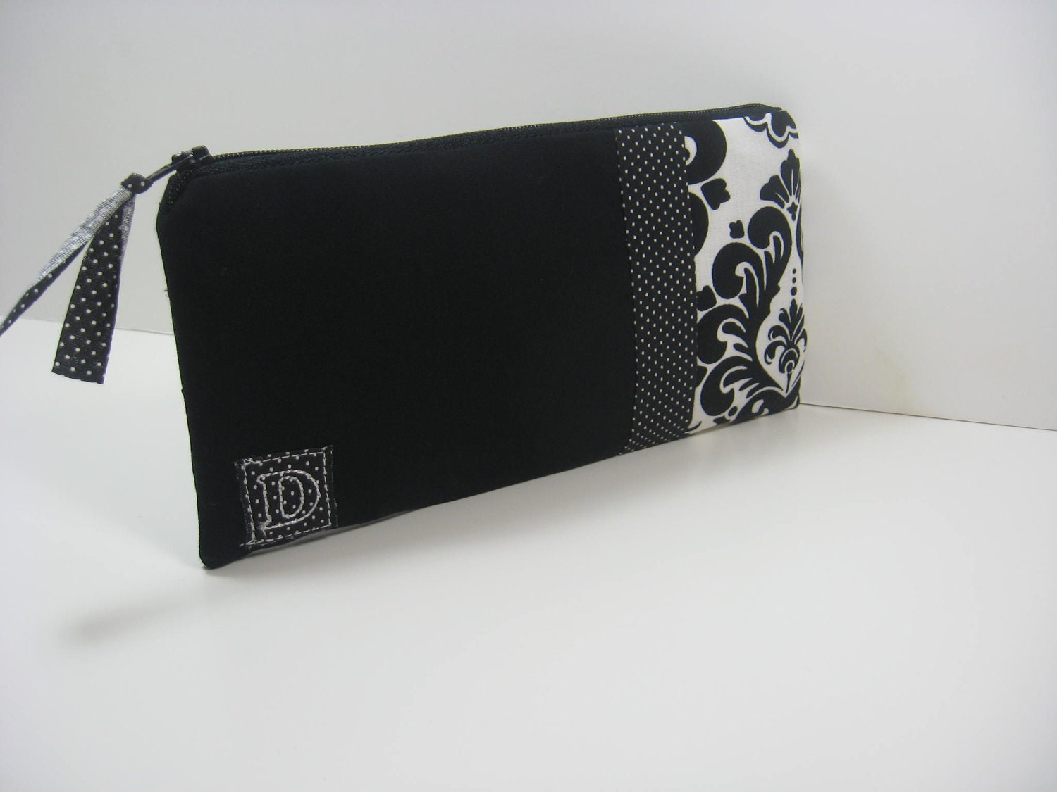 Personalized, Initialed  zipper pouch, iphone wallet, Made To Order - Black and White Damask