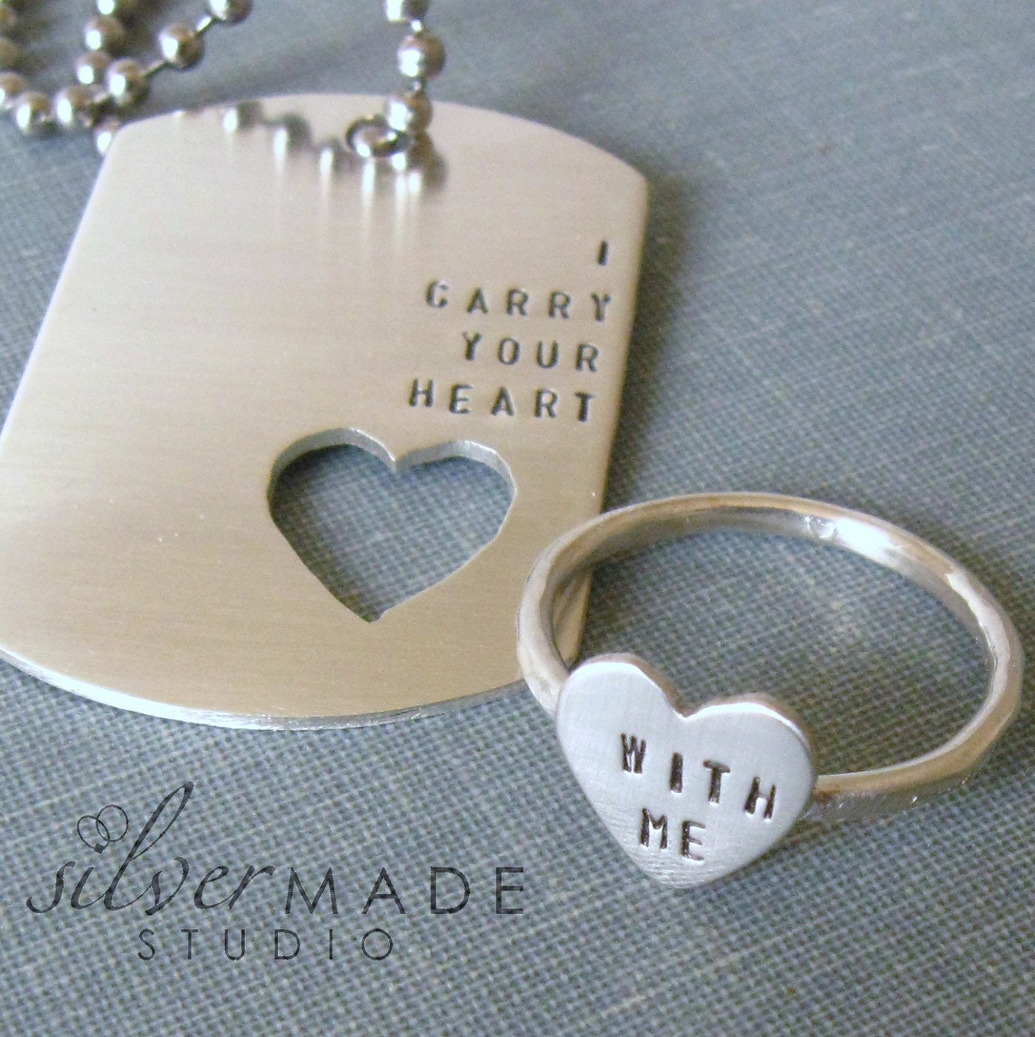 I Carry Your Heart dog tag  and sterling silver HEART ring (INTERTWINE)