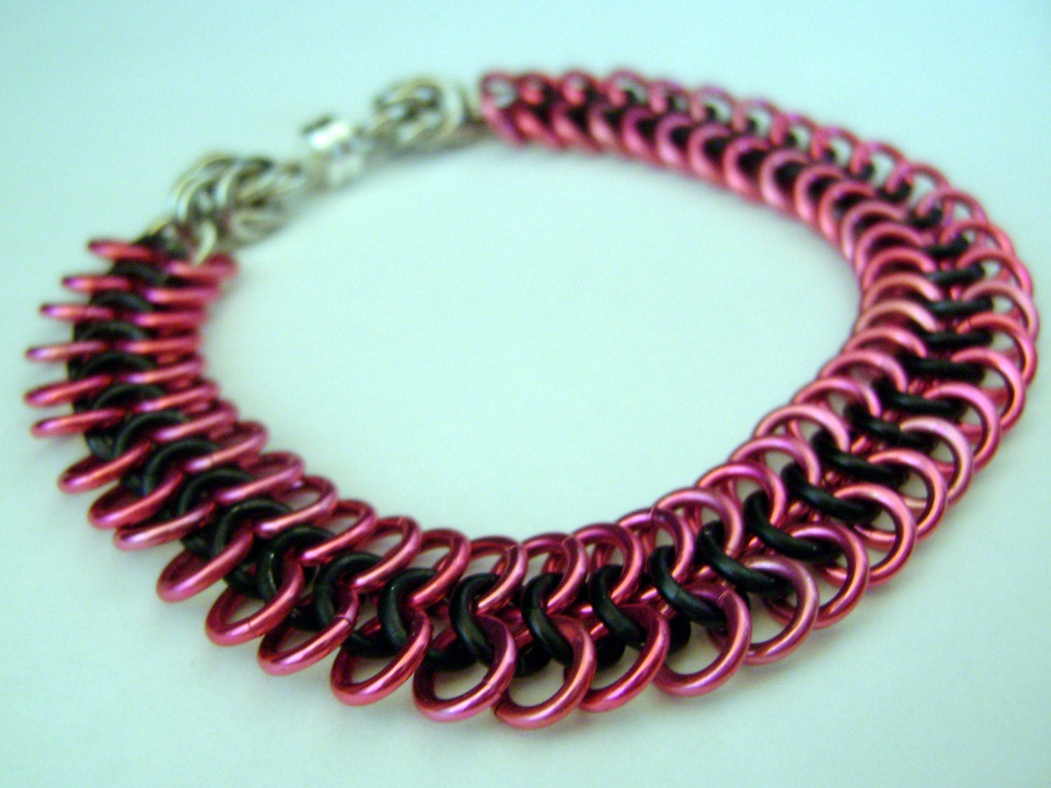 Pink & Black Chainmail Bracelet - 6 1/2 inches - Magnetic Clasp