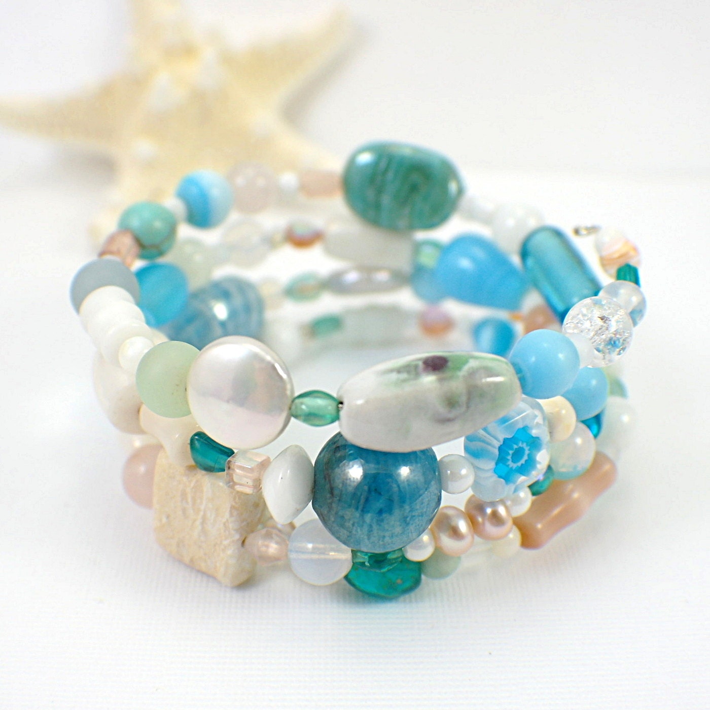 Capstone memory wire bracelet waves blue ocean sea beach wide cuff stacked aqua