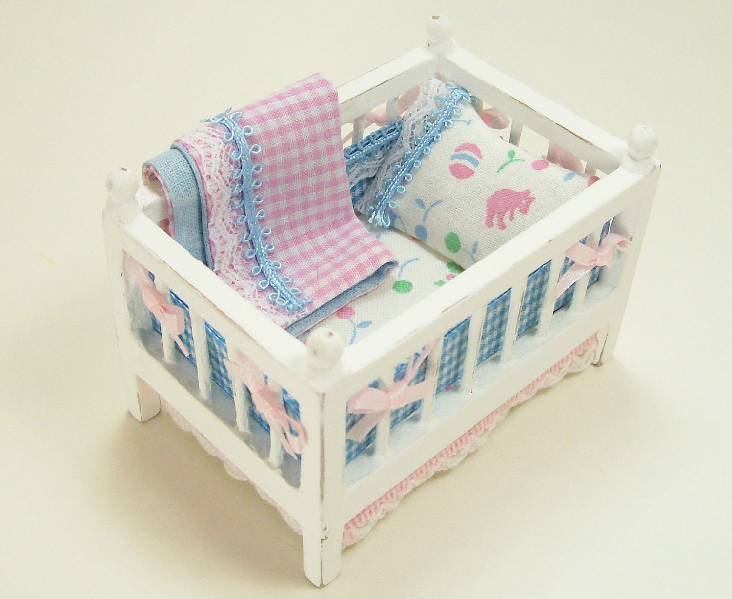 Dollhouse Miniature Bassinet Small Crib White Pink Blue Baby Nursery Room One Inch Scale