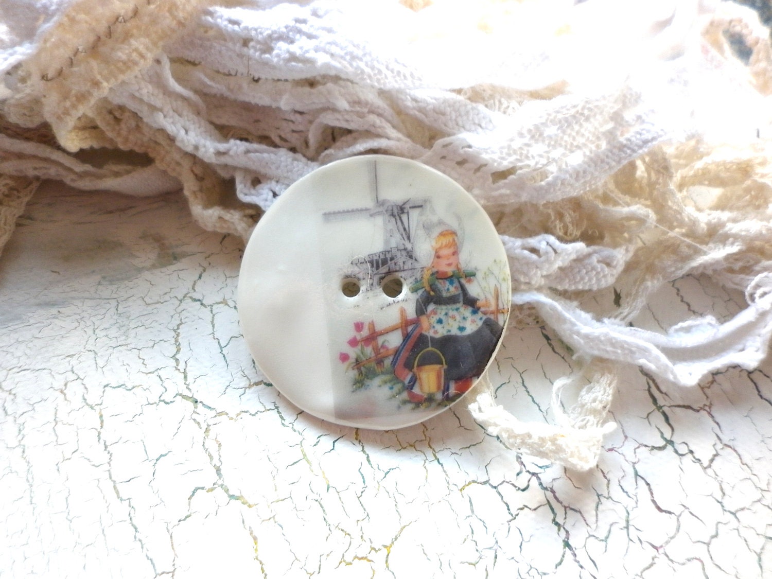 Little Dutch girl,  A handmade ceramic sew on button