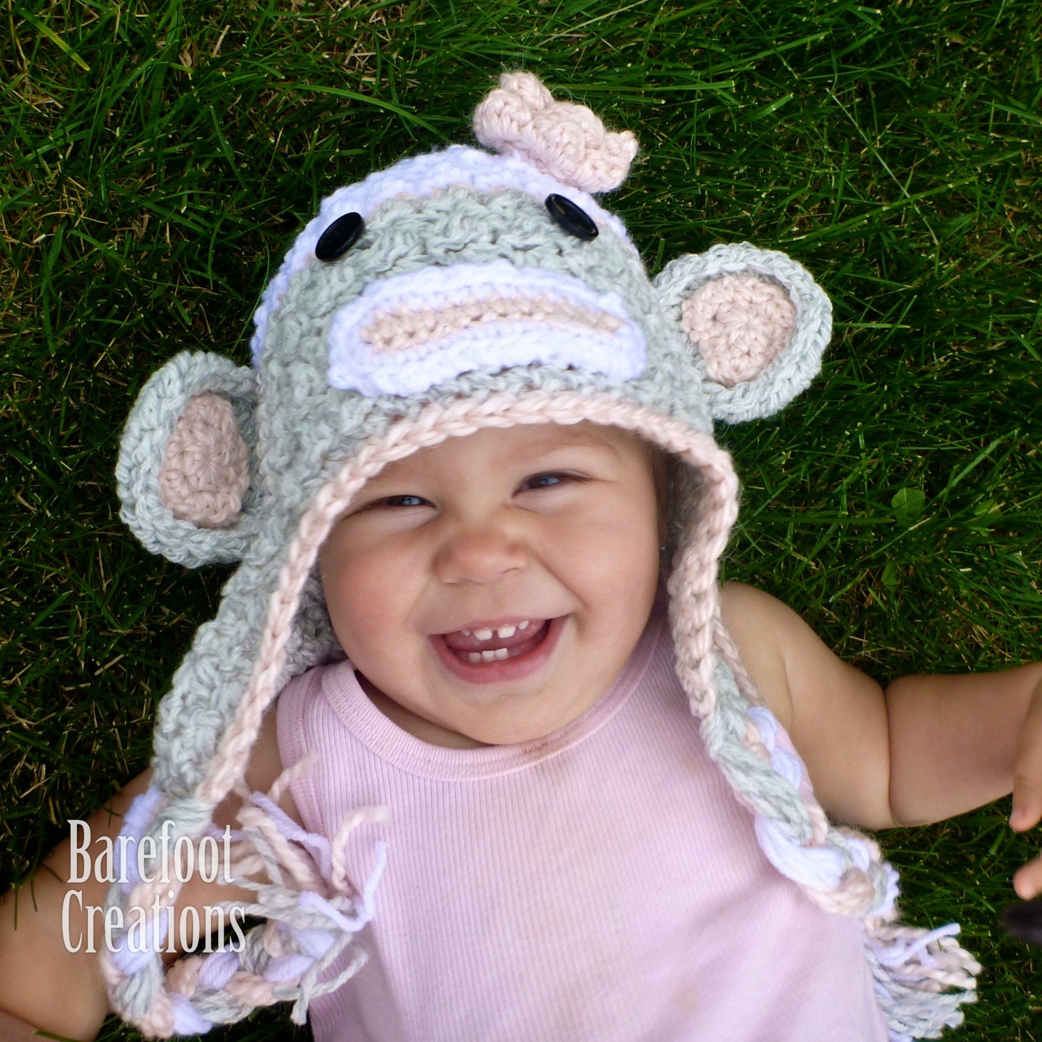 Girly Crochet Sock Monkey Hat - Newborn, Baby, Toddler, Adult