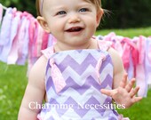 Baby Girl Chevron Sunsuit Romper Bubble with Ruffles - Lavendar and Pink