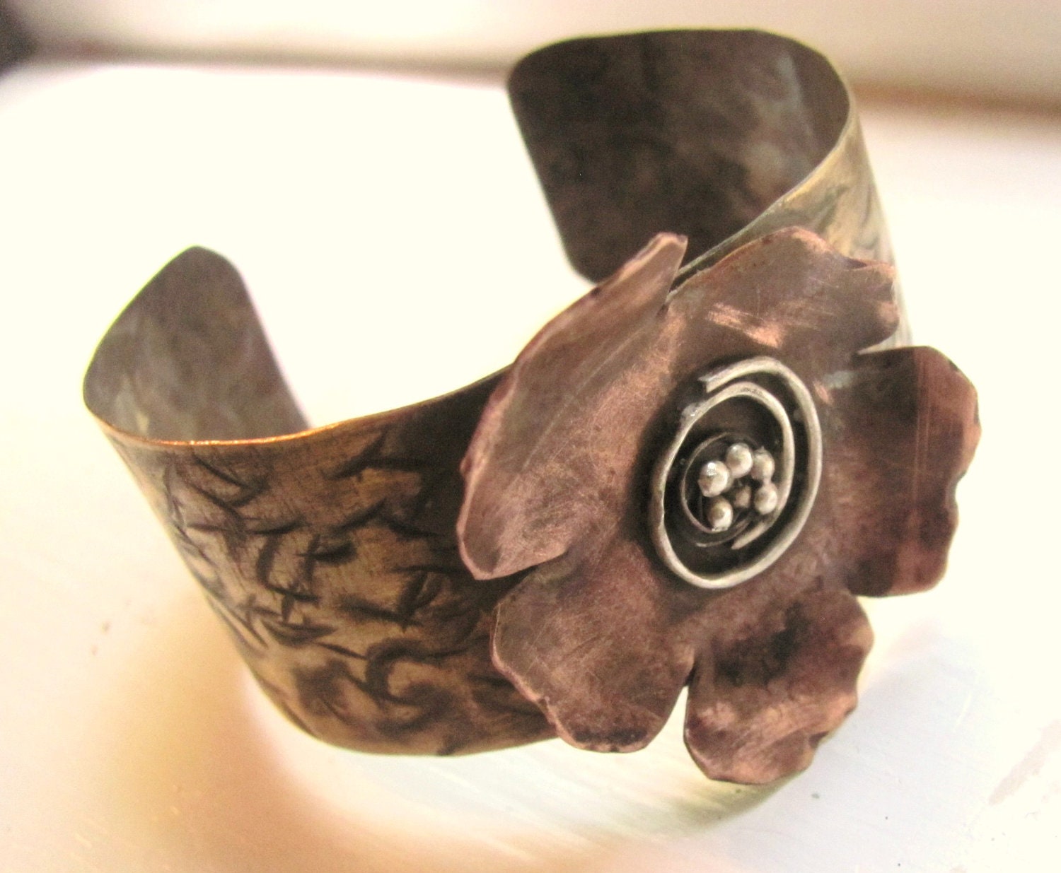 Bronze & copper flower cuff bracelet patina  hammered organic texture