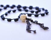 Crocheted Shanghai Lantern Tunic Necklace with black onyx, gray smoky quartz, and carved ivory white bone