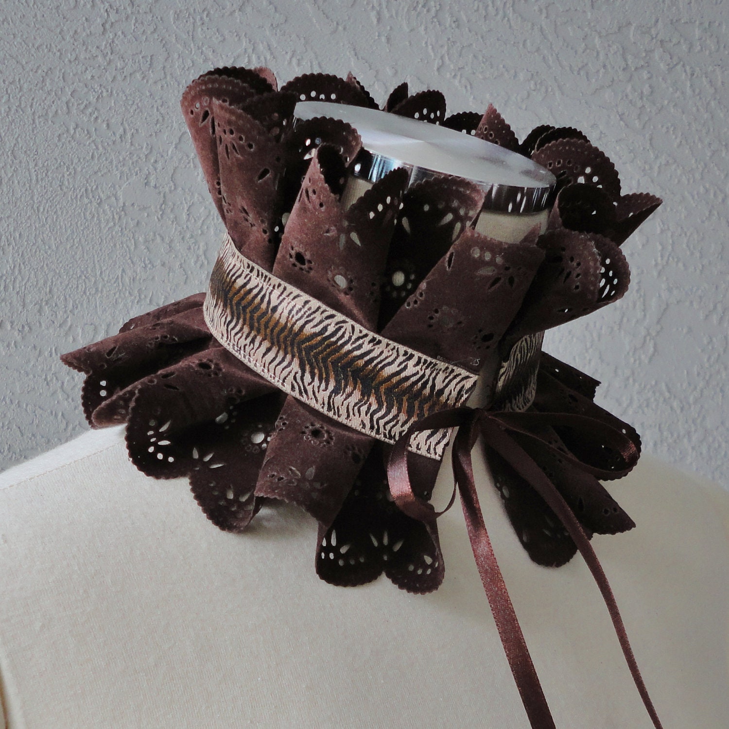 Victorian Inspired Dark Brown Faux Suede And  Ribbon Ruffle Collar Necklace Cowl Statement Piece - Chuletindesigns